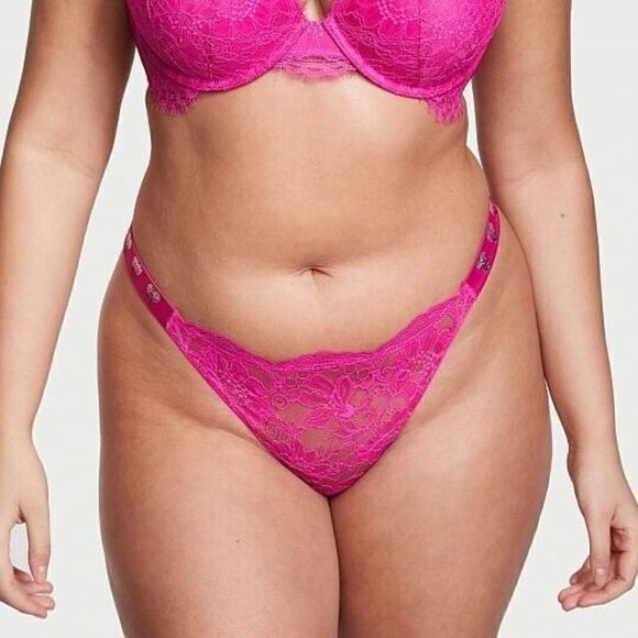LARGE {Victoria's Secret} Lace Heart Bling Brazilian Panty - Picture 4 of 6